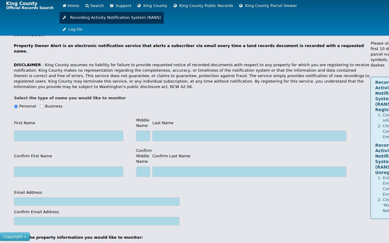 King County RANS recording alert form for a Kent parcel