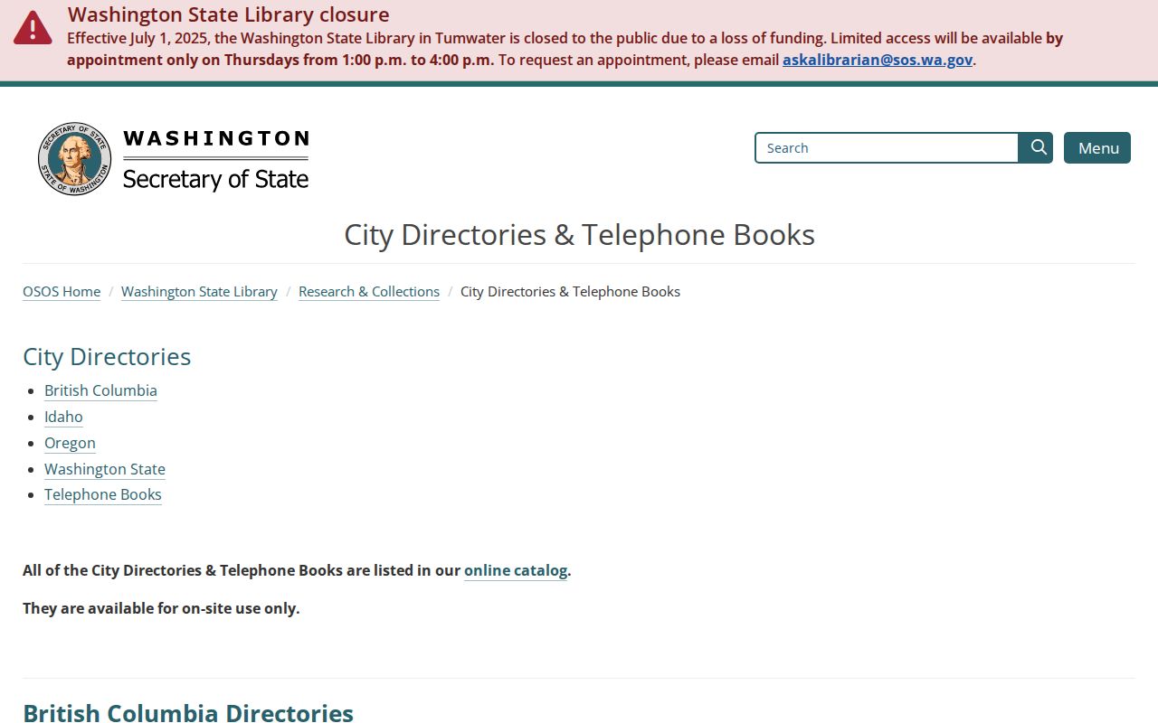Kent residents directory State Library holdings